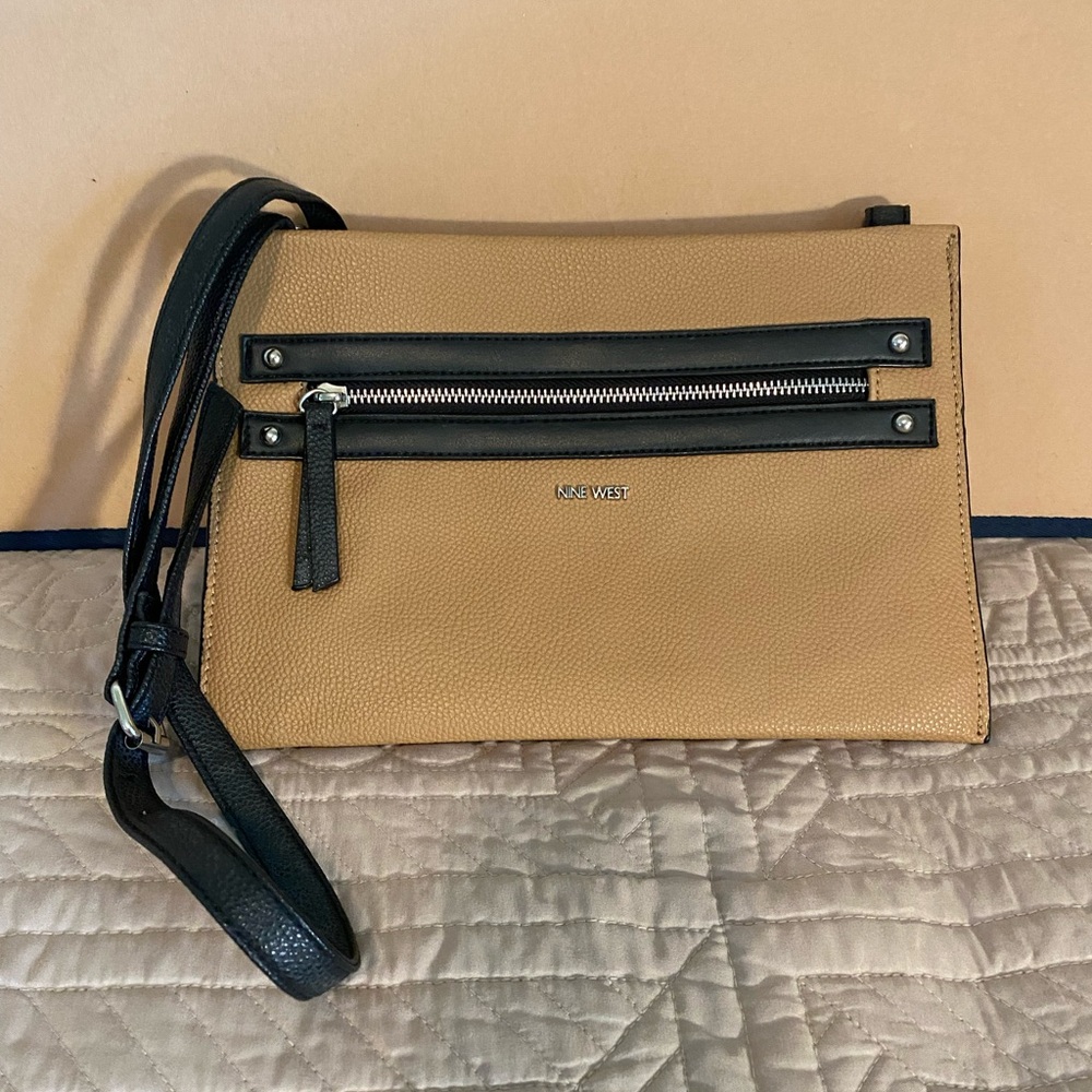 Nine West Tan Crossbody with Black Trim and Silver Hardware
